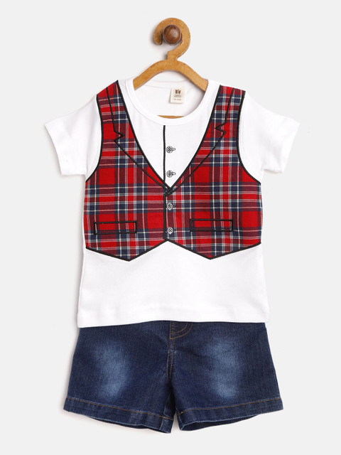 

TOFFY HOUSE Boys White & Navy Blue Checked T-shirt with Faded Denim Shorts