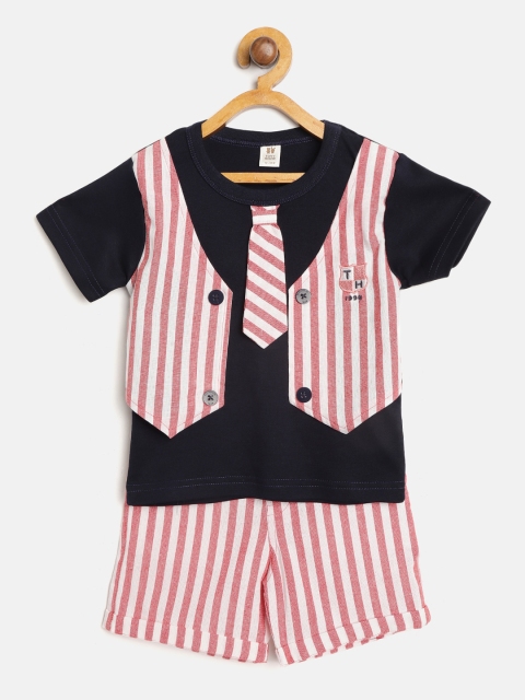 

TOFFY HOUSE Boys Navy Blue & Brick Red Striped T-shirt with Attached Waistcoat & Shorts