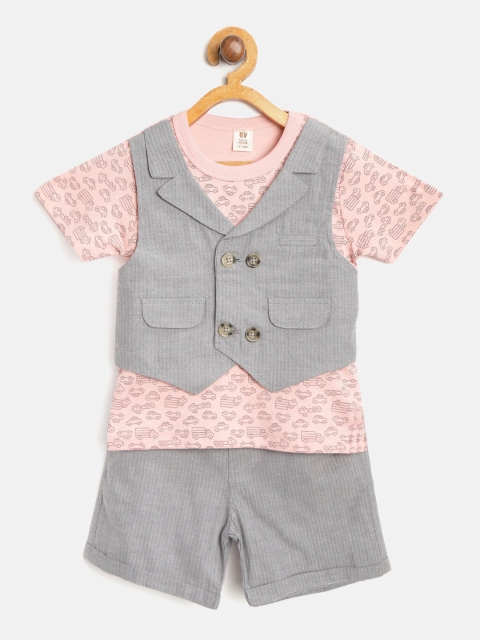 

TOFFY HOUSE Boys Pink & Grey Printed T-shirt with Shorts & Attached Waistcoat