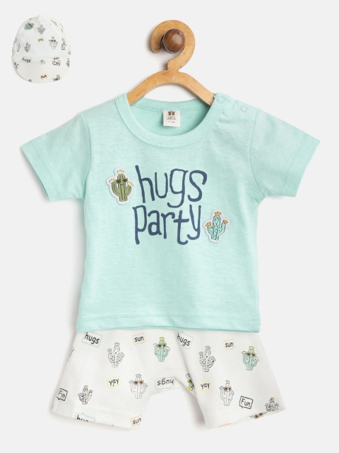 

TOFFY HOUSE Boys Blue & White Printed T-shirt & Shorts With Cap
