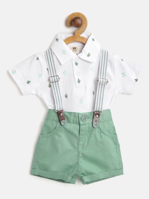 

TOFFY HOUSE Boys White & Green Printed Shirt with Shorts With Suspenders