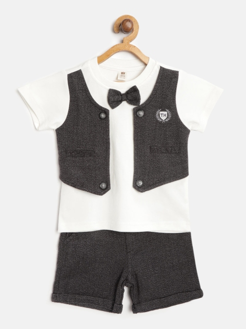 

TOFFY HOUSE Boys White & Charcoal Grey Solid T-shirt with Shorts & Attached Waistcoat