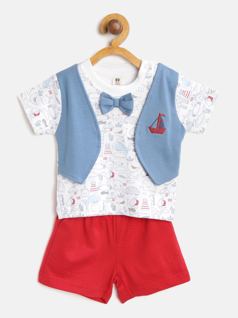 

TOFFY HOUSE Boys White & Red Conversational Print T-shirt with Attached Waistcoat & Shorts