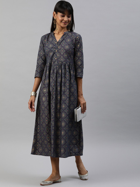 

Anouk Women Navy Blue & Gold-Toned Printed A-Line Fusion Kurta