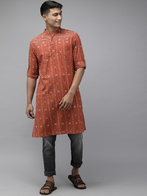 

Anouk Men Rust Orange & Beige Printed Antiviral Straight Kurta