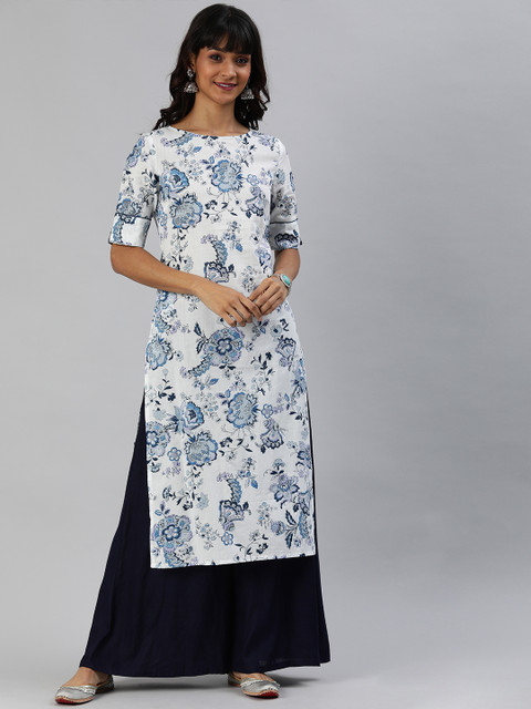 

Anouk Women White & Blue Printed Straight Kurta