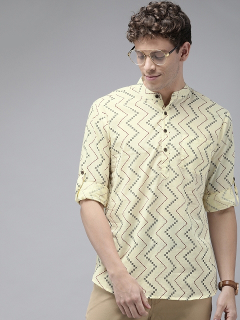 

Anouk Men Cream-Coloured & Black Printed Straight Fusion Kurta