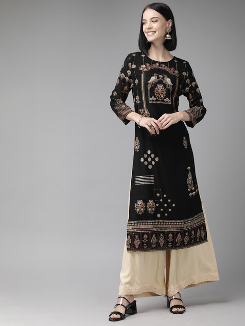 

Anouk Women Black & Gold-Toned Printed Straight Kurta