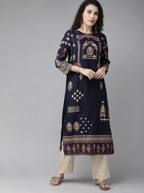 

Anouk Women Navy Blue & Beige Printed Straight Kurta