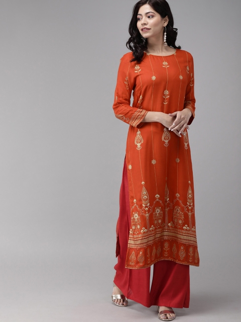 

Anouk Women Rust Orange & Gold-Coloured Printed Straight Kurta