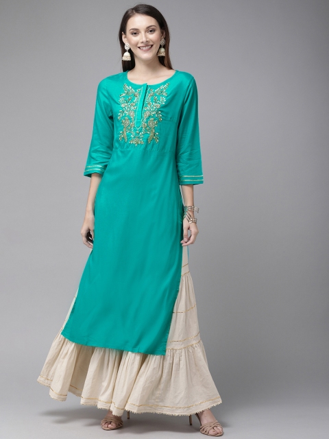 

Anouk Women Teal Green Yoke Design Straight Kurta