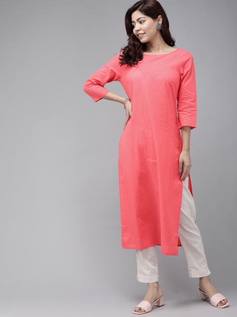 

Anouk Women Coral Pink Antiviral Finish Woven Design Straight Kurta