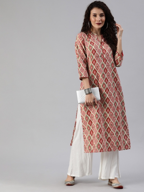 

Anouk Women Pink & Off-White Ikat Printed Straight Kurta