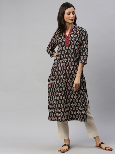

Anouk Women Black & Beige Printed Straight Kurta