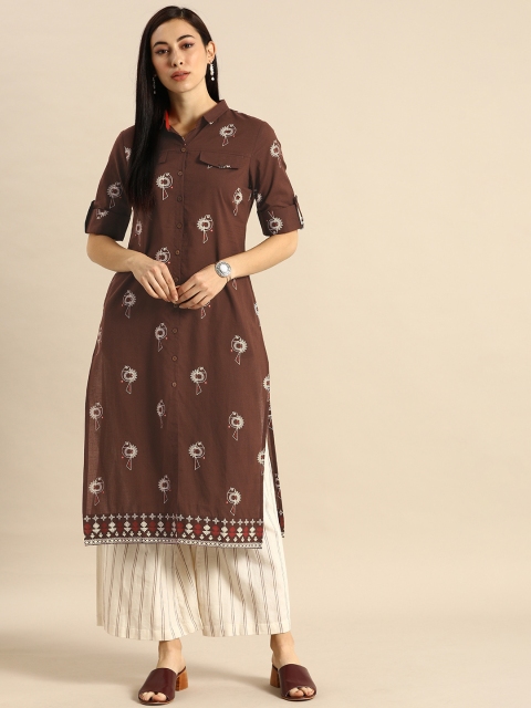 

Anouk Women Brown & White Printed A-Line Kurta