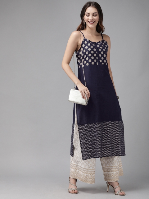 

Anouk Women Navy Blue & Gold-Toned Foil Printed Straight Kurta