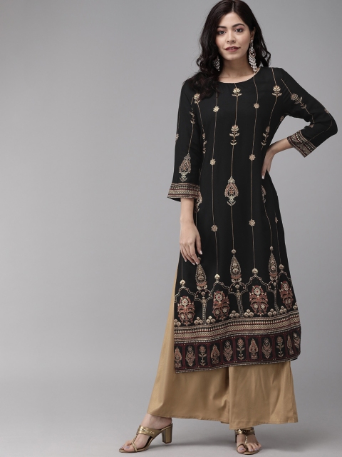 

Anouk Women Black & Gold-Coloured Printed Straight Kurta