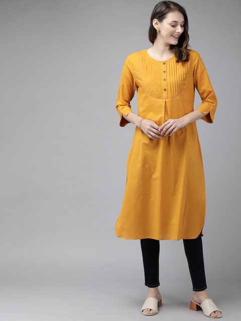 

Anouk Women Mustard Yellow Antiviral Finish Solid Pure Cotton Pleated Straight Kurta