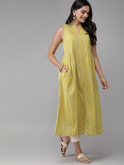 

Anouk Women Lime Green & Blue Striped A-Line Kurta