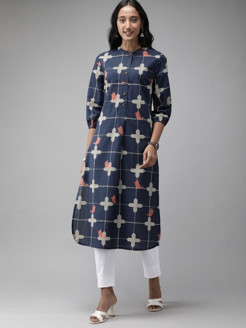 

Anouk Women Navy Blue Antiviral Finish Printed Straight Kurta
