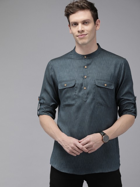 

Anouk Men Grey Self Design Straight Kurta with Flap Pockets