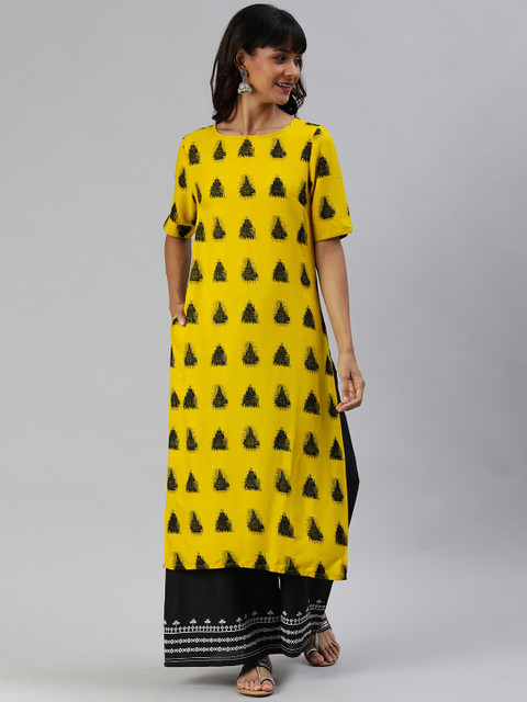 

Anouk Women Yellow & Black Woven Design Boat Neck Straight Kurta