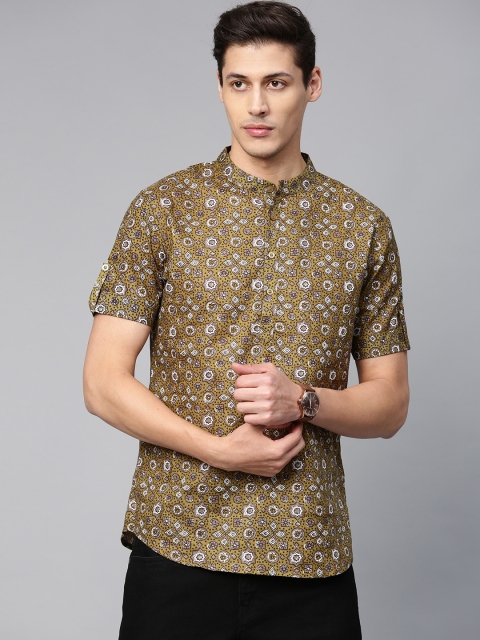 

Anouk Men Olive Green & Off-White Printed Short Straight Kurta