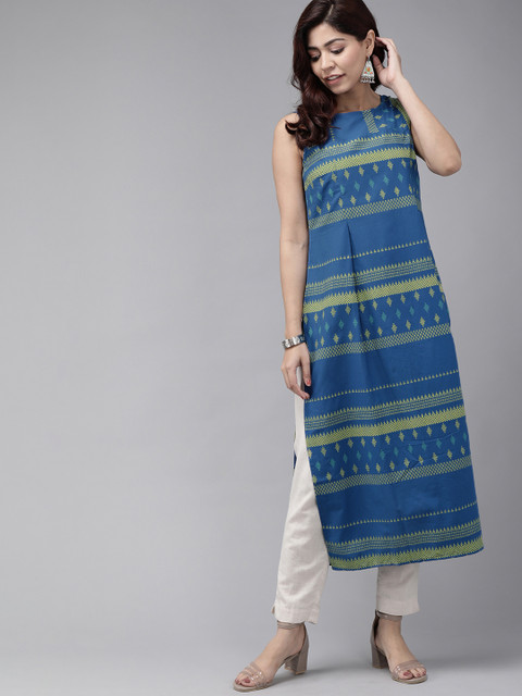 

Anouk Women Navy Blue & Yellow Antiviral Finish Printed Straight Kurta