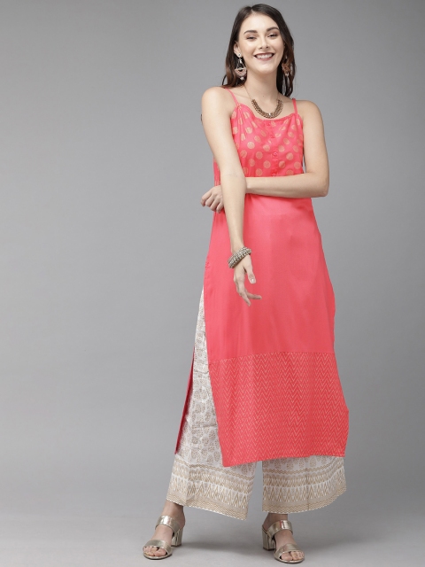 

Anouk Women Coral Pink & Golden Chevron Yoke Design Straight Kurta