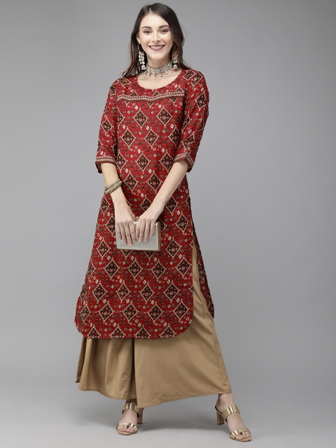 

Anouk Women Maroon & White Printed Straight Kurta
