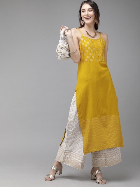

Anouk Women Mustard Yellow Chevron Yoke Design Straight Kurta
