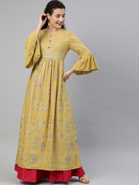 

Anouk Women Mustard Yellow & Grey Printed Pleated A-Line Kurta