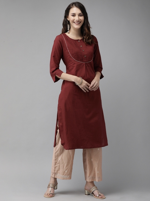 

Anouk Women Maroon Solid Pleated Detail Straight Kurta