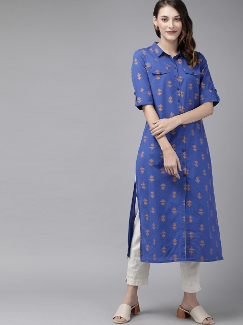 

Anouk Women Blue & Mustard Yellow Antiviral Finish Geometric Print Pure Cotton Straight Kurta