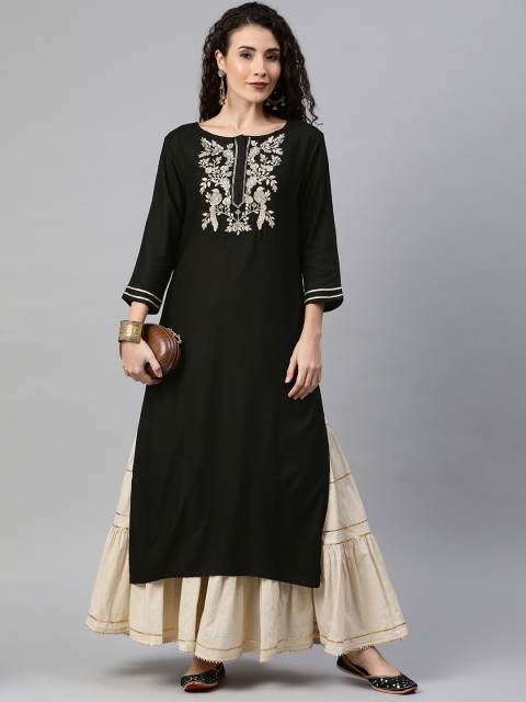 

Anouk Women Black Embroidered Straight Kurta