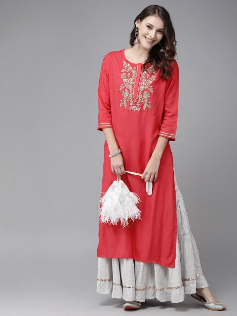 

Anouk Women Coral & Gold-Toned Embroidered Straight Kurta