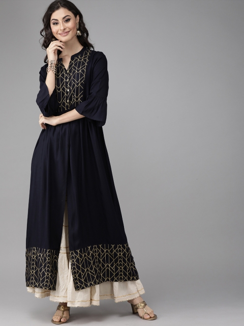 

Anouk Women Navy Blue & Gold-Coloured Printed A-Line Kurta