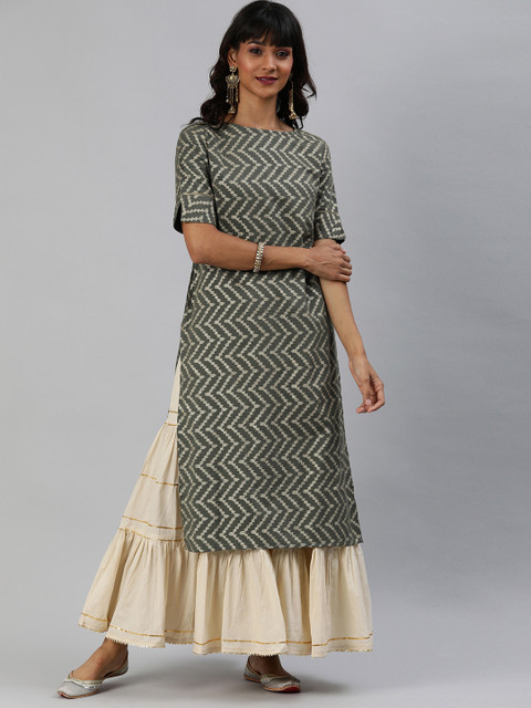

Anouk Women Charcoal Grey & Beige Printed Straight Kurta