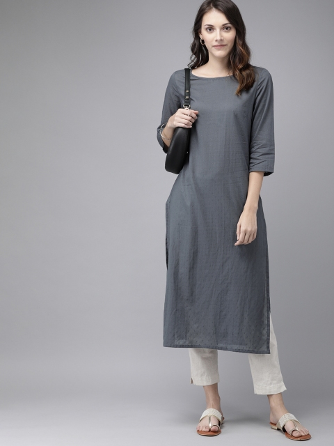 

Anouk Women Charcoal Grey Antiviral Finish Woven Design Boat Neck Straight Kurta