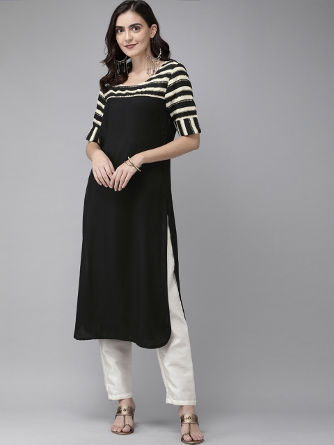 

Anouk Women Black Solid Straight Kurta with Printed Detailing