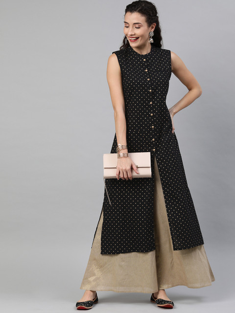 

Anouk Women Black & Golden Foil Printed Straight Kurta