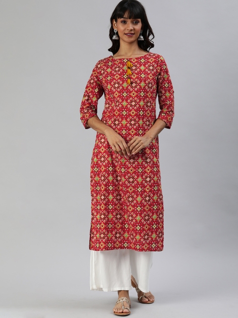 

Anouk Women Red & Green Printed Boat Neck Straight Kurta
