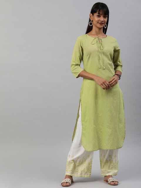 

Anouk Women Lime Green Woven Design Straight Kurta