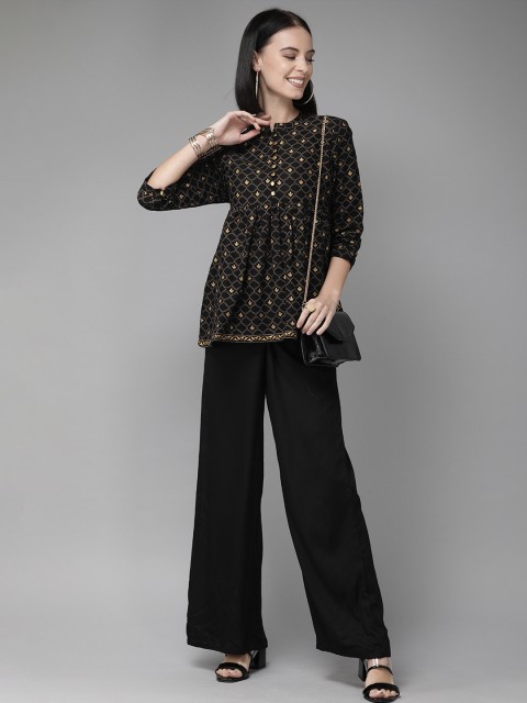

Anouk Women Black & Beige Foil Printed A-Line Top