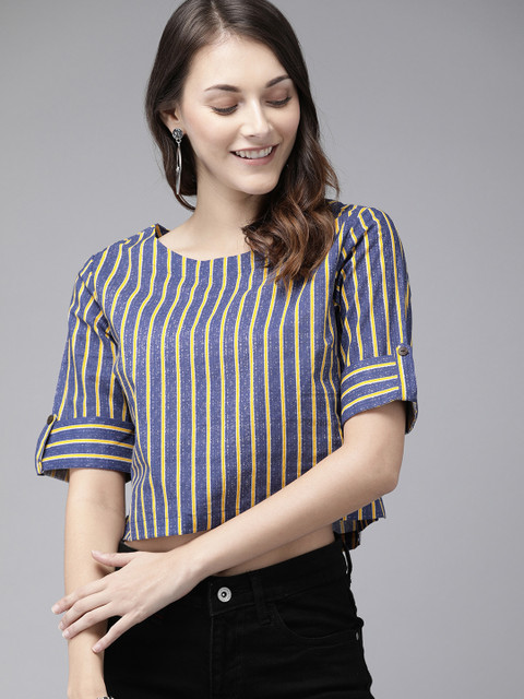 

Anouk Women Navy Blue & Yellow Striped Pure Crop Pure Cotton Top