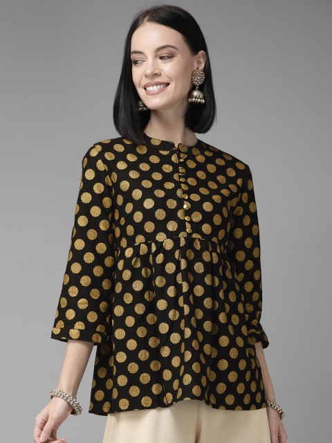 

Anouk Women Black & Gold-Coloured Printed A-Line Top with Gathered Detail
