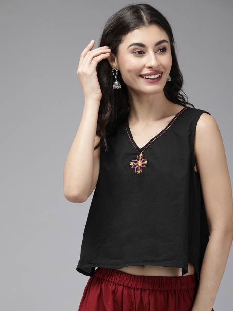 

Anouk Women Black Embroidered Crop Pure Cotton Top