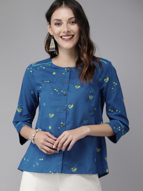 

Anouk Women Blue & yellow Printed Antiviral Finish Pure Cotton Top