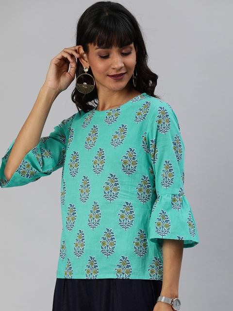 

Anouk Women Turquoise Blue & Yellow Floral Printed Pure Cotton Top with Bell Sleeves