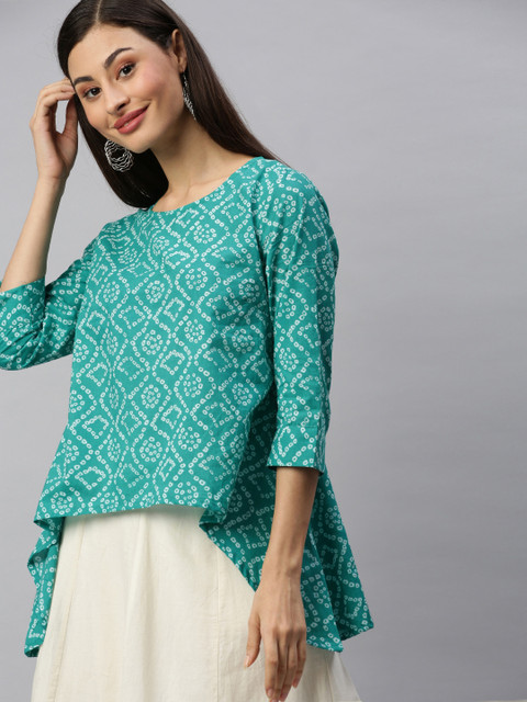 

Anouk Women Sea Green & White Bandhani Printed High-Low Pure Cotton Top